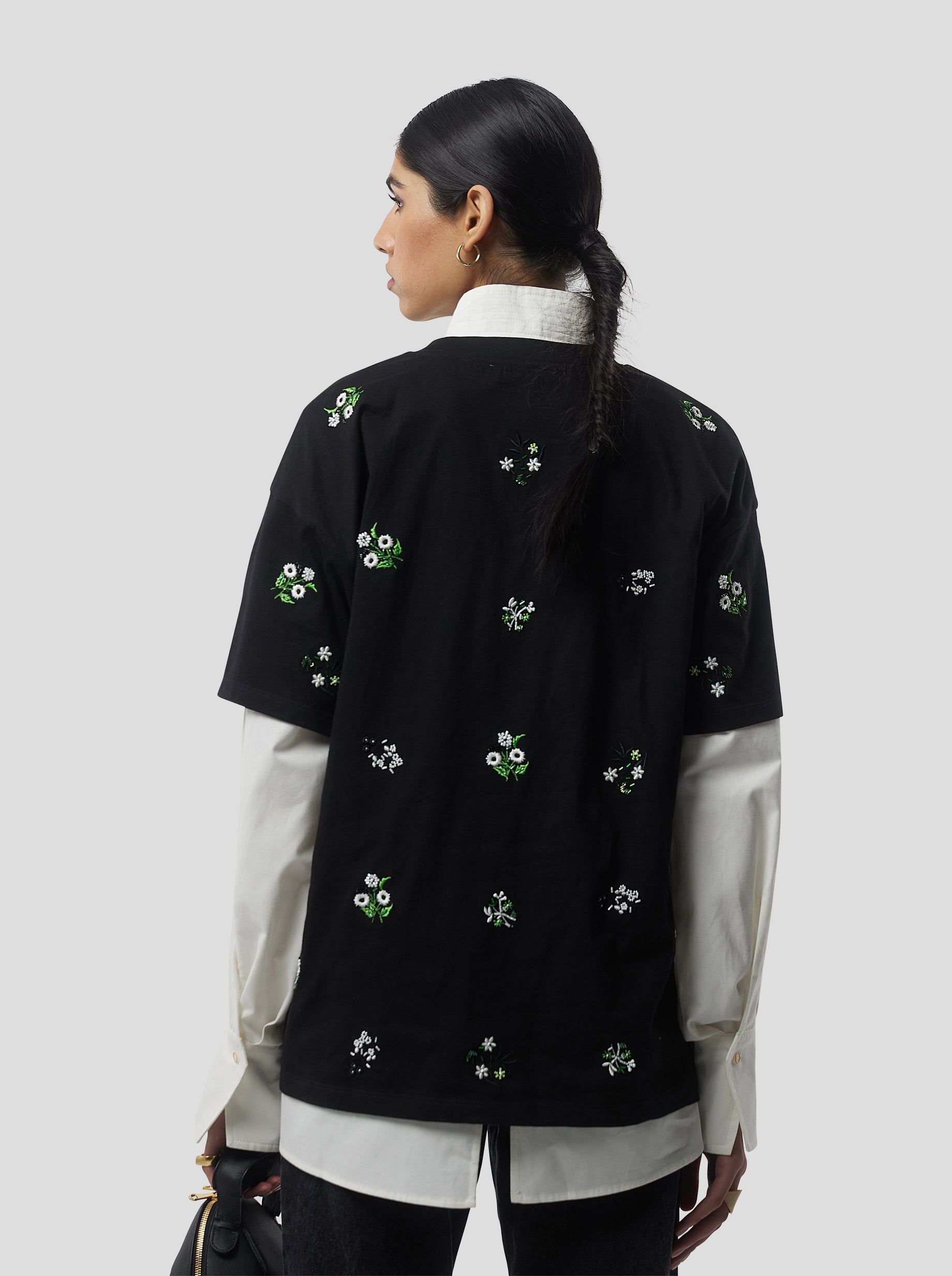 Atlas Embroidered T-Shirt in Black Cotton