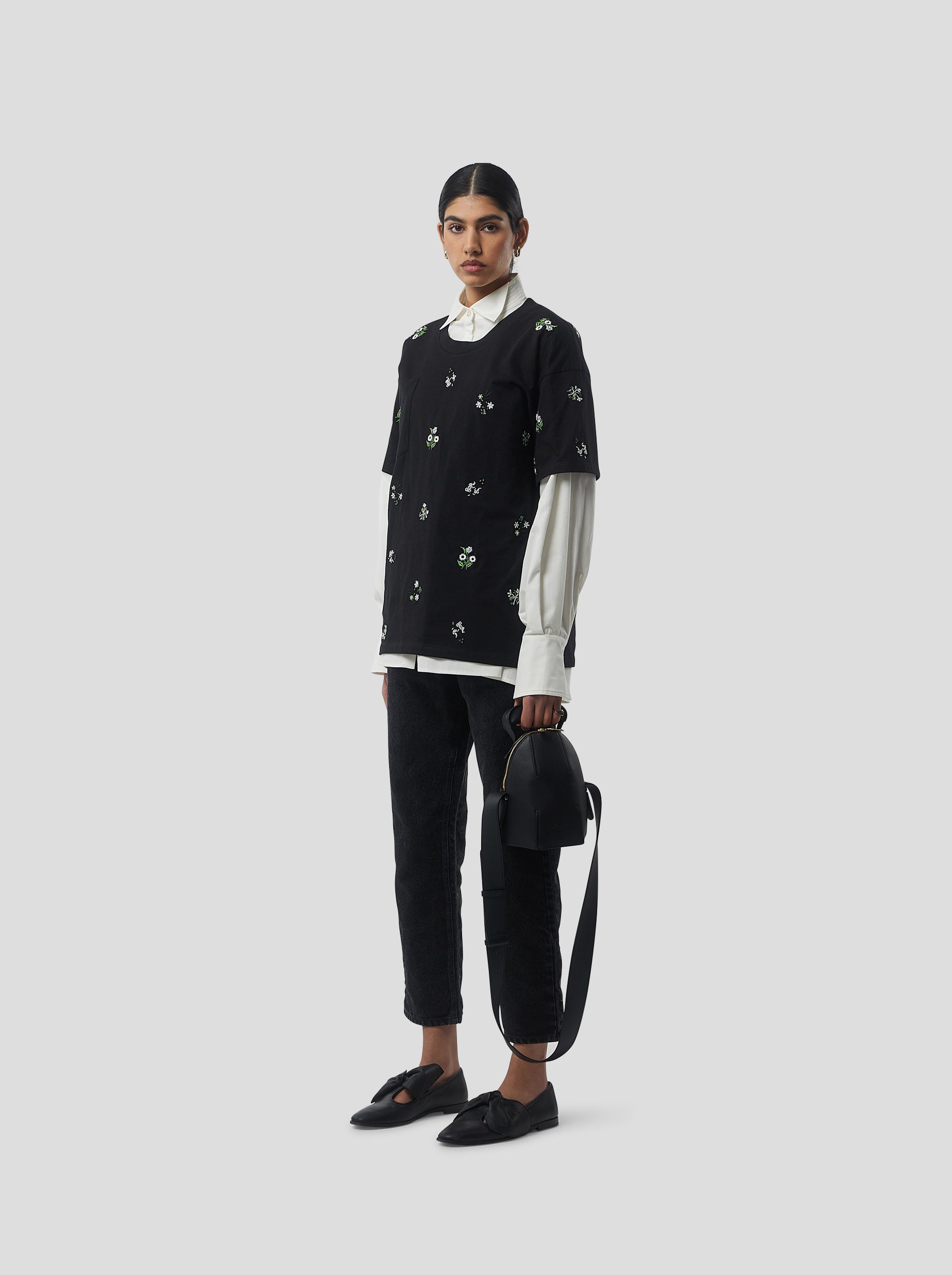 Atlas Embroidered T-Shirt in Black Cotton