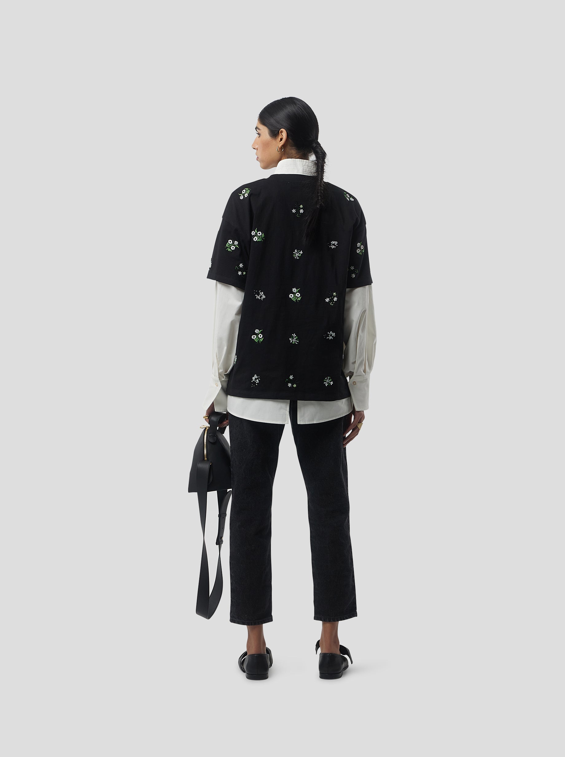 Atlas Embroidered T-Shirt in Black Cotton