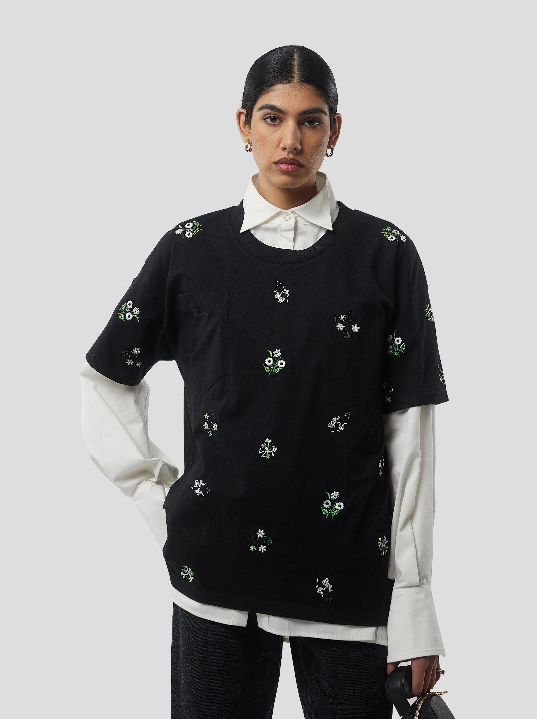 Atlas Embroidered T-Shirt in Black Cotton