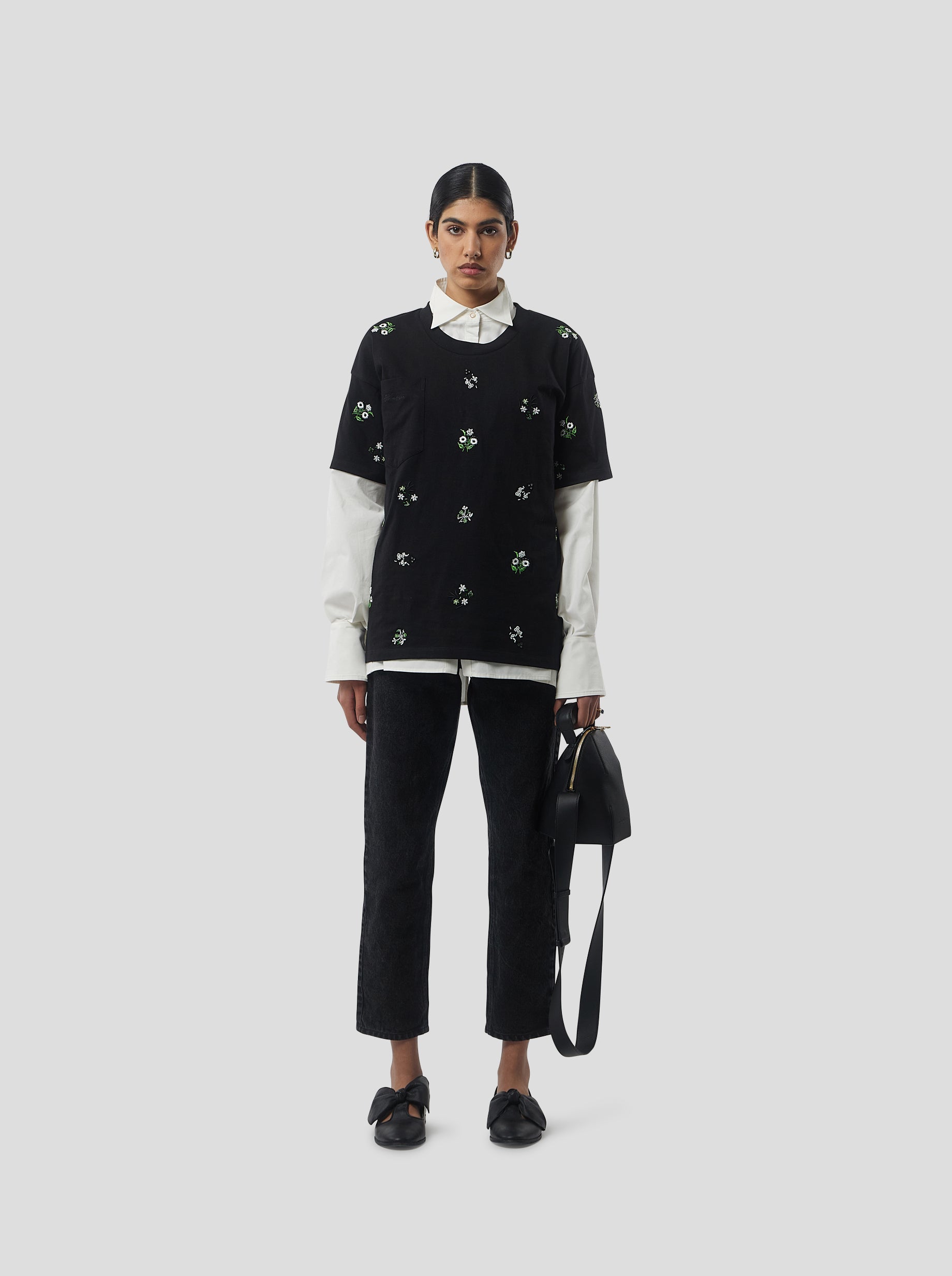 Atlas Embroidered T-Shirt in Black Cotton