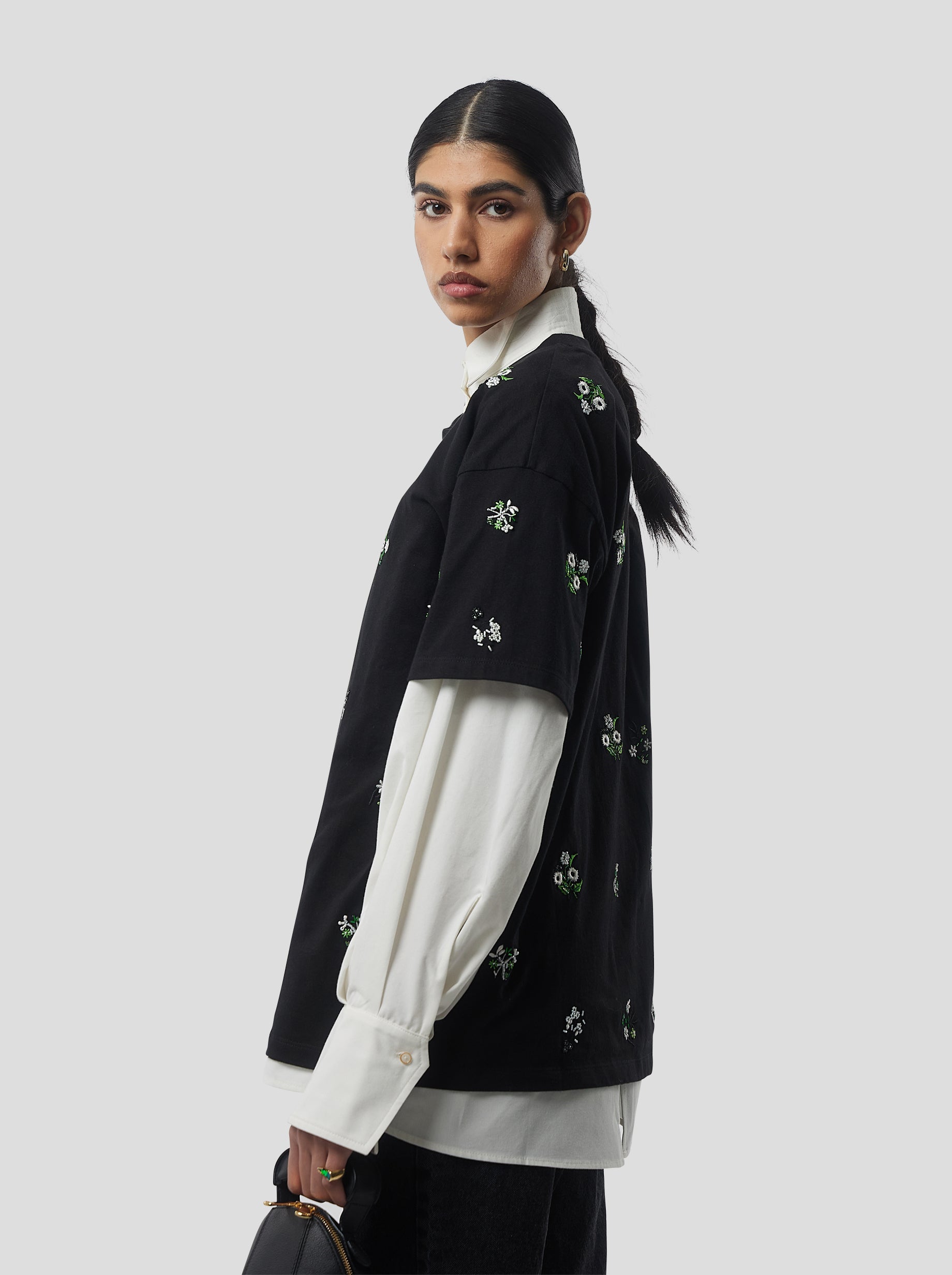 Atlas Embroidered T-Shirt in Black Cotton
