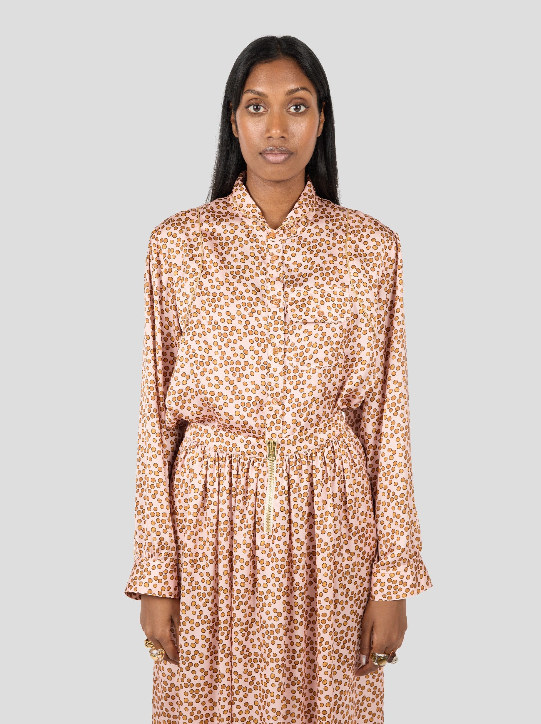Tokyo Shirt in Powder Messy Dots Print with Mao Collar