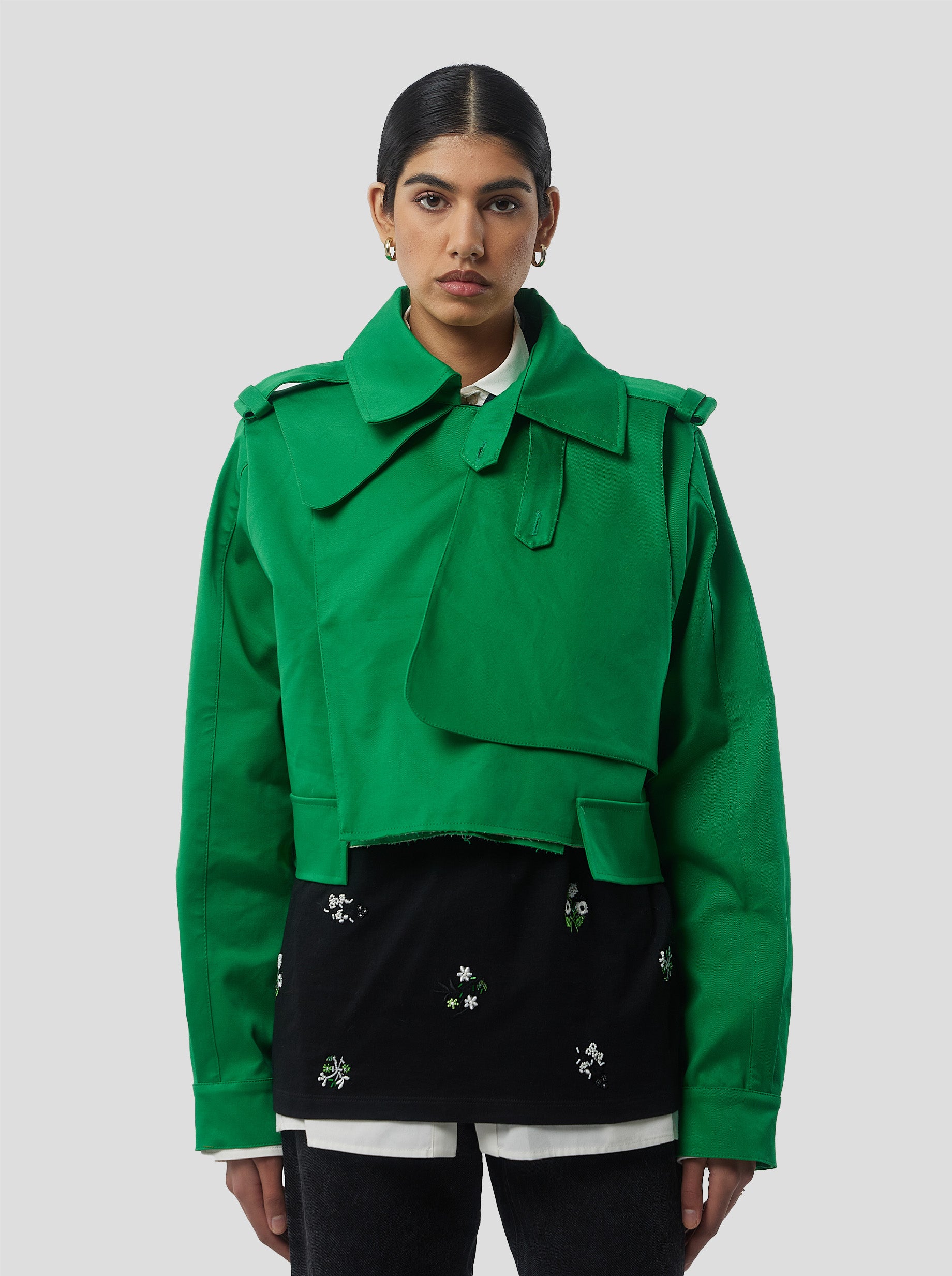 Trench Crop Trevor in Technical Kelly Green fabric