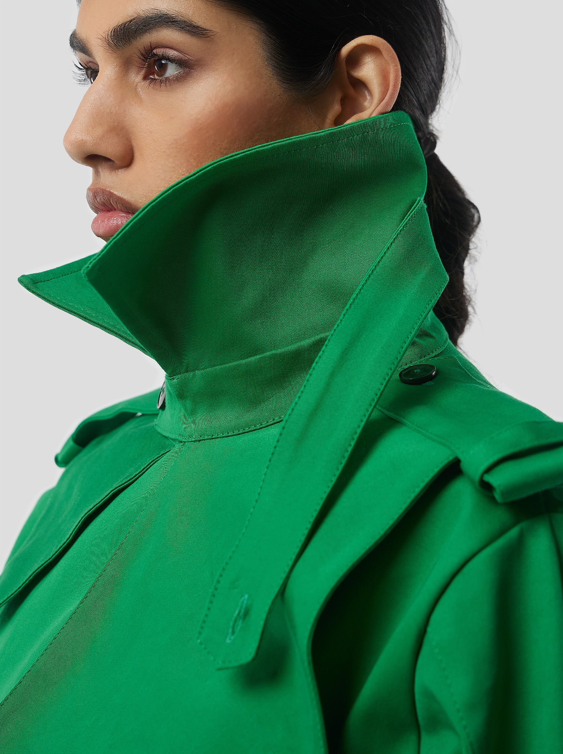 Trench Crop Trevor in Technical Kelly Green fabric