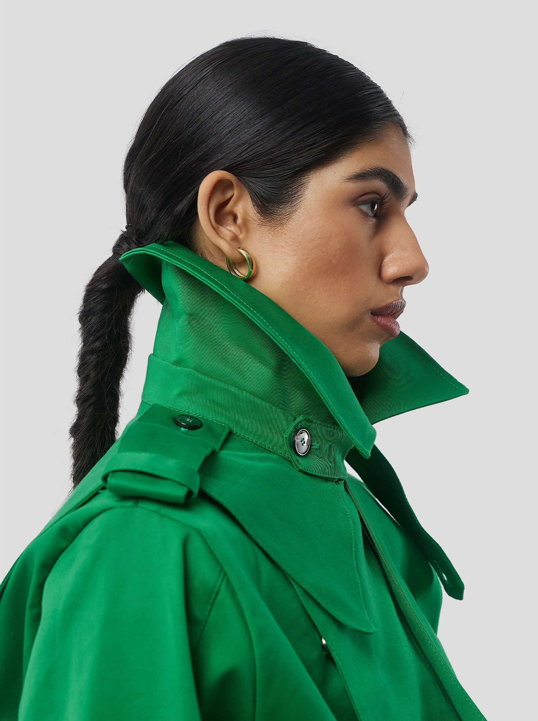 Trench Crop Trevor in Technical Kelly Green fabric