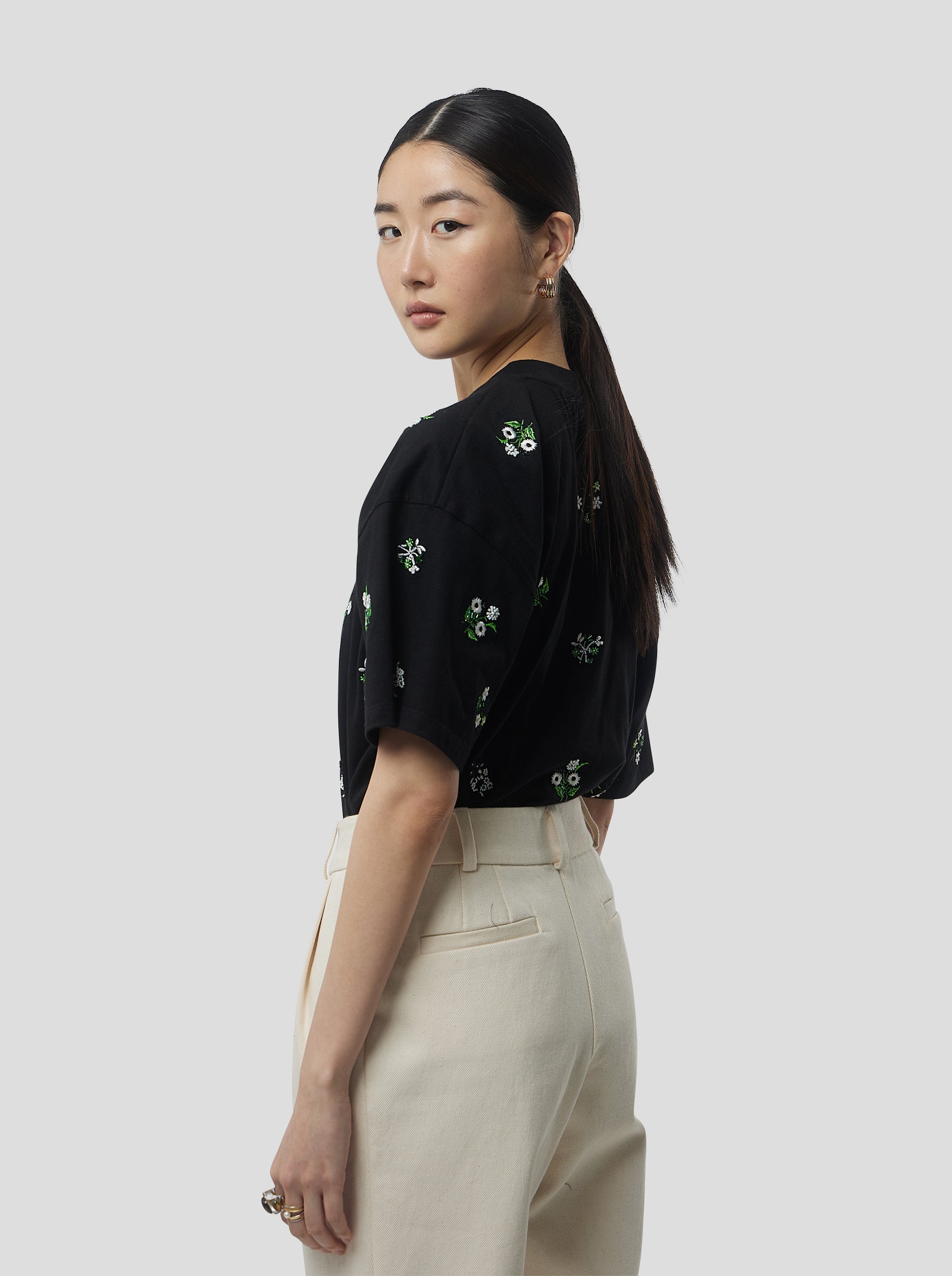 Atlas Embroidered T-Shirt in Black Cotton