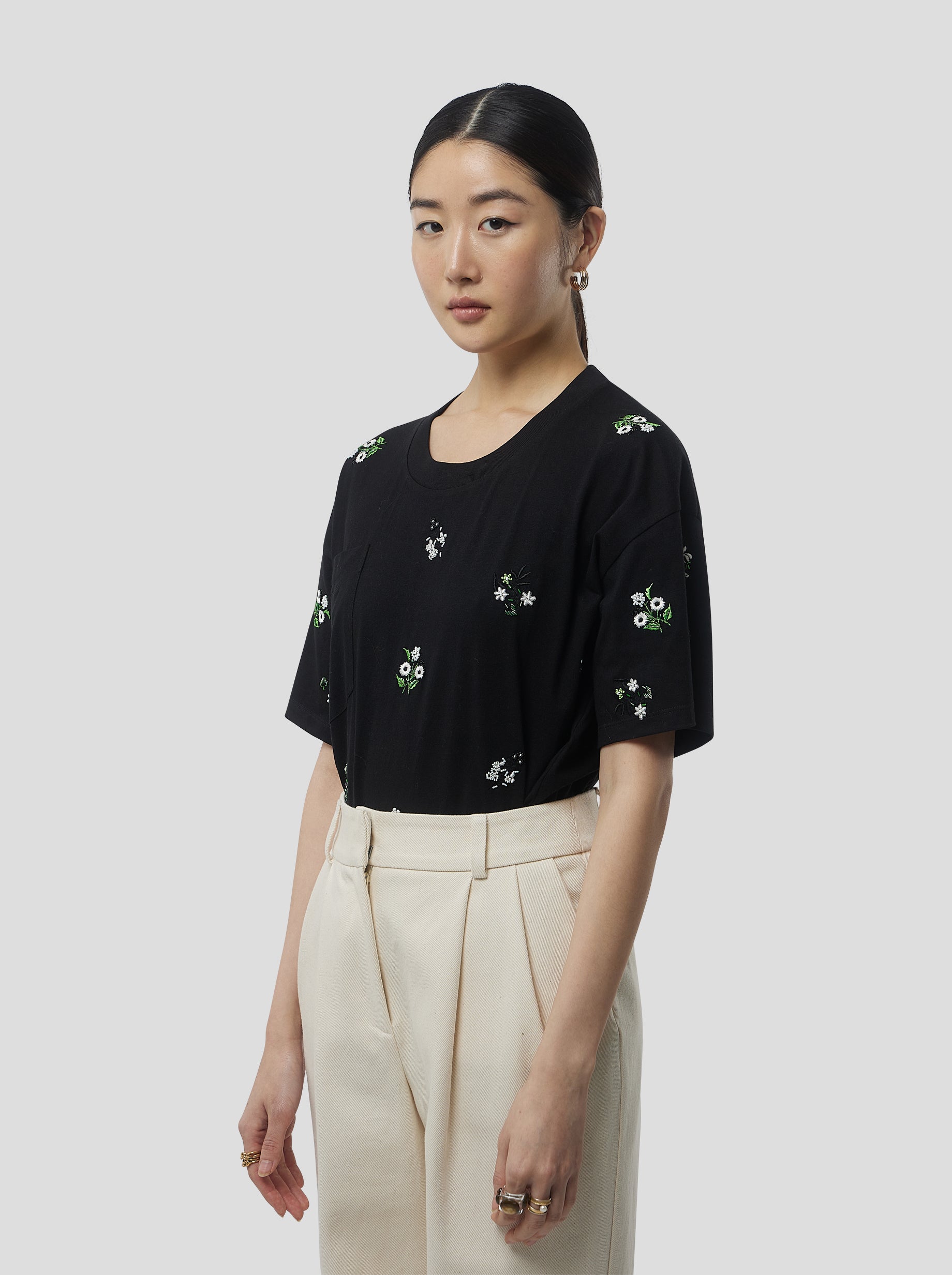 Atlas Embroidered T-Shirt in Black Cotton
