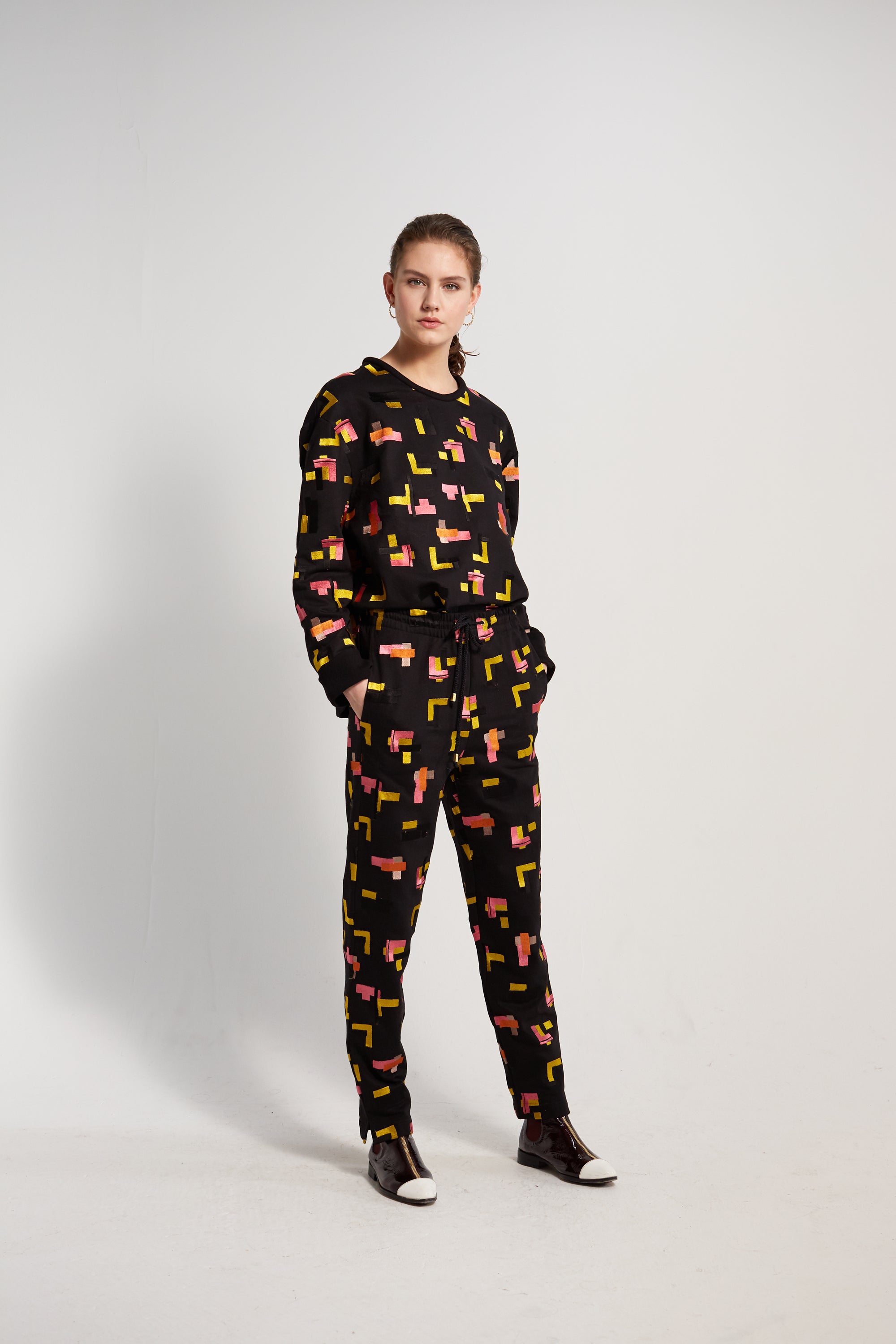 Melchior pants in Tetris embroidered fleece