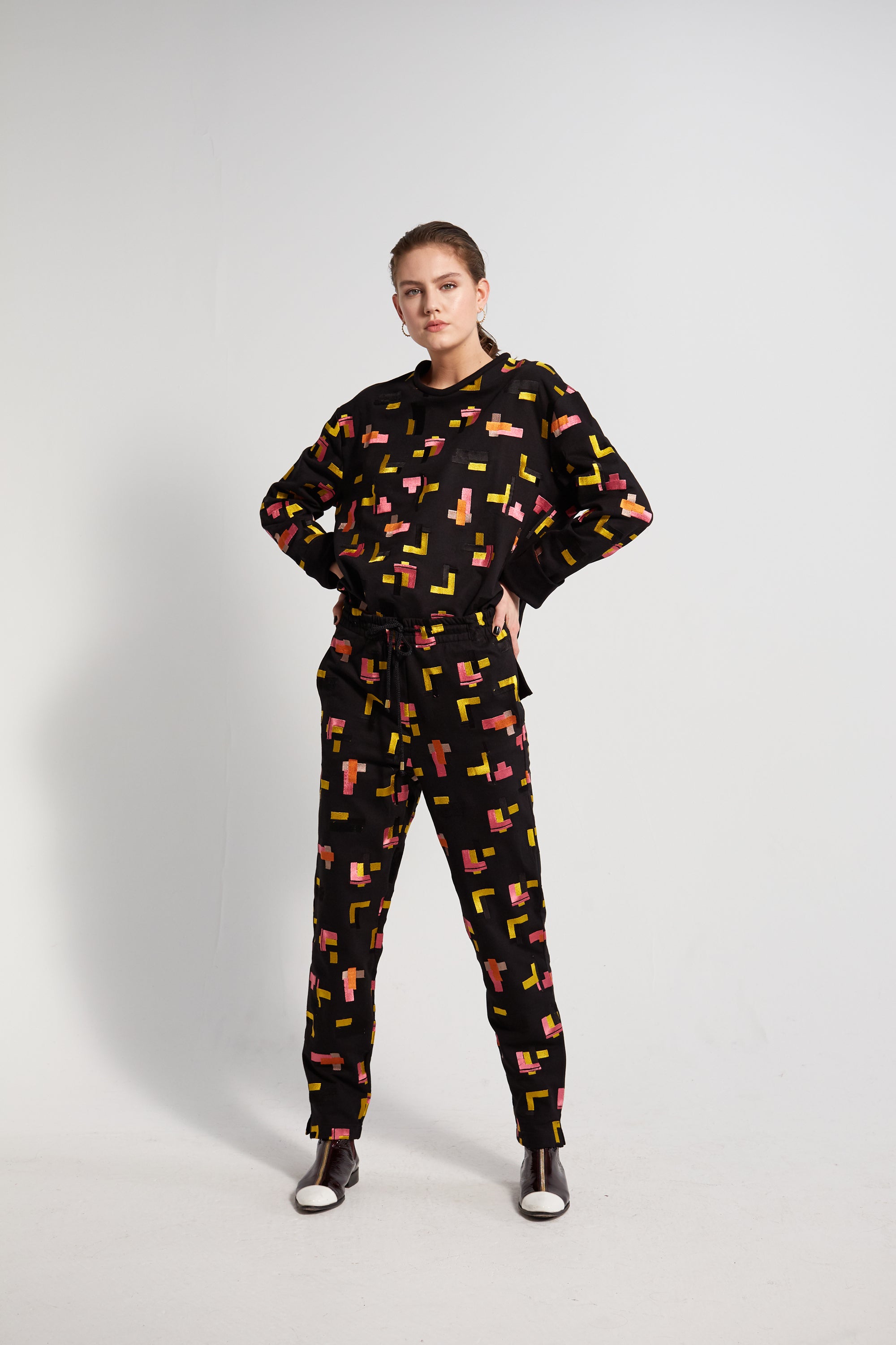 Melchior pants in Tetris embroidered fleece